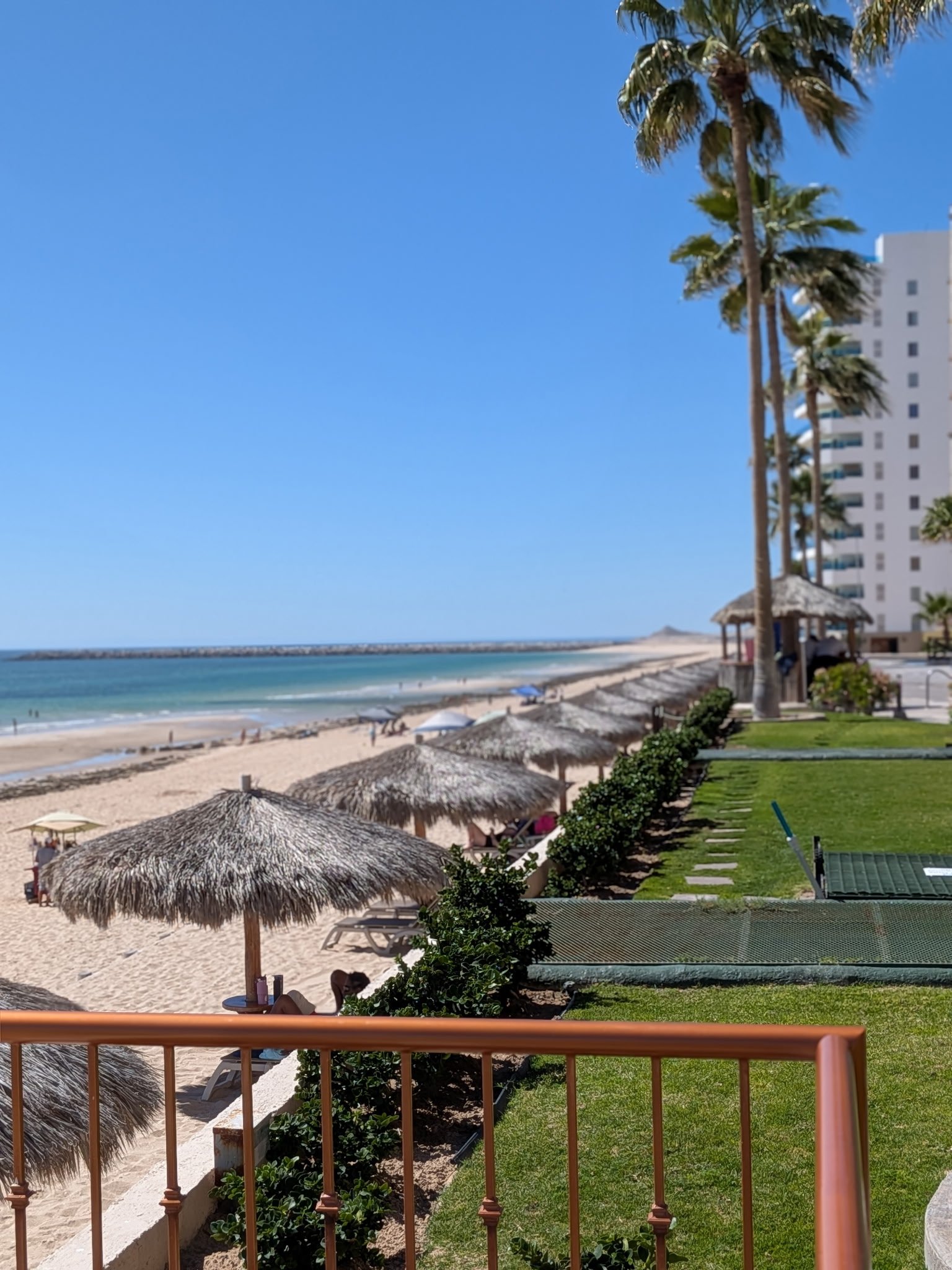 View from Sonoran Sun toward palapas, the sandy beach and blue Sea of Cortez